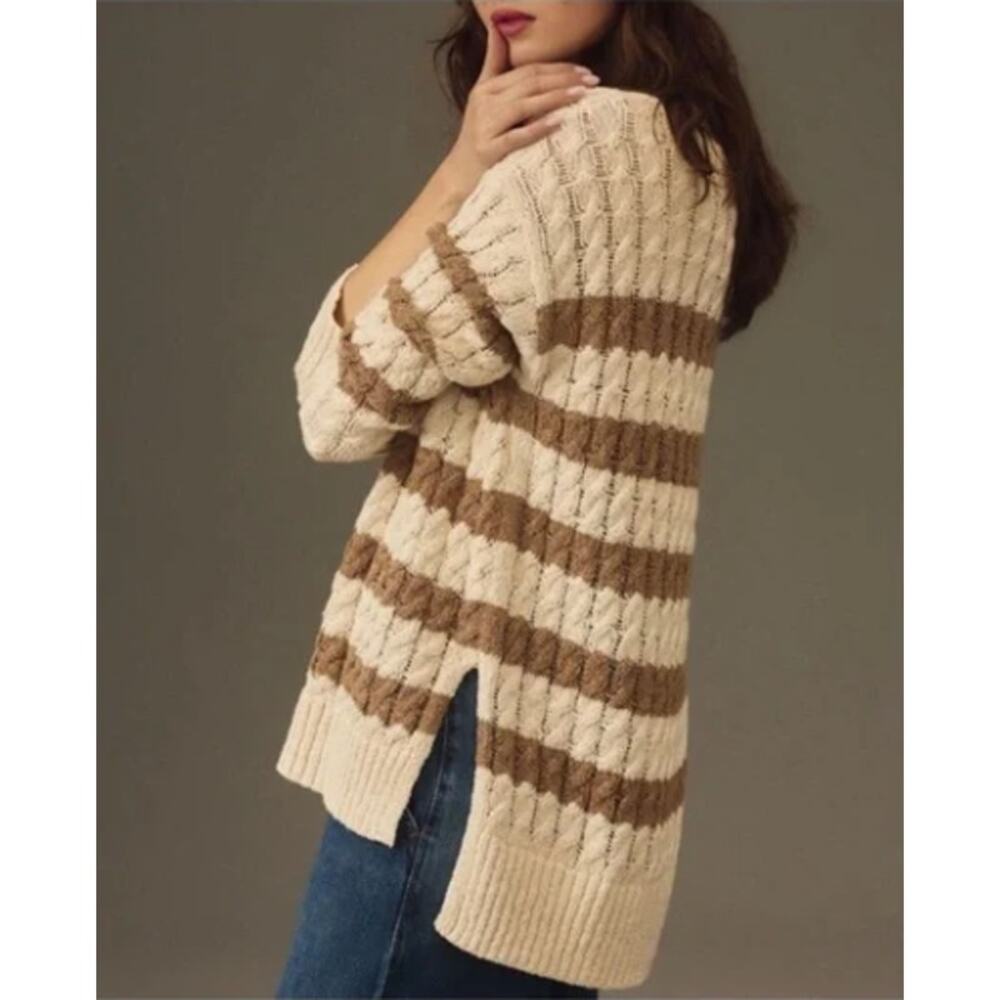 Anthropologie Pilcro Longline Stitch Sweater Brown Ivory Stripe Large